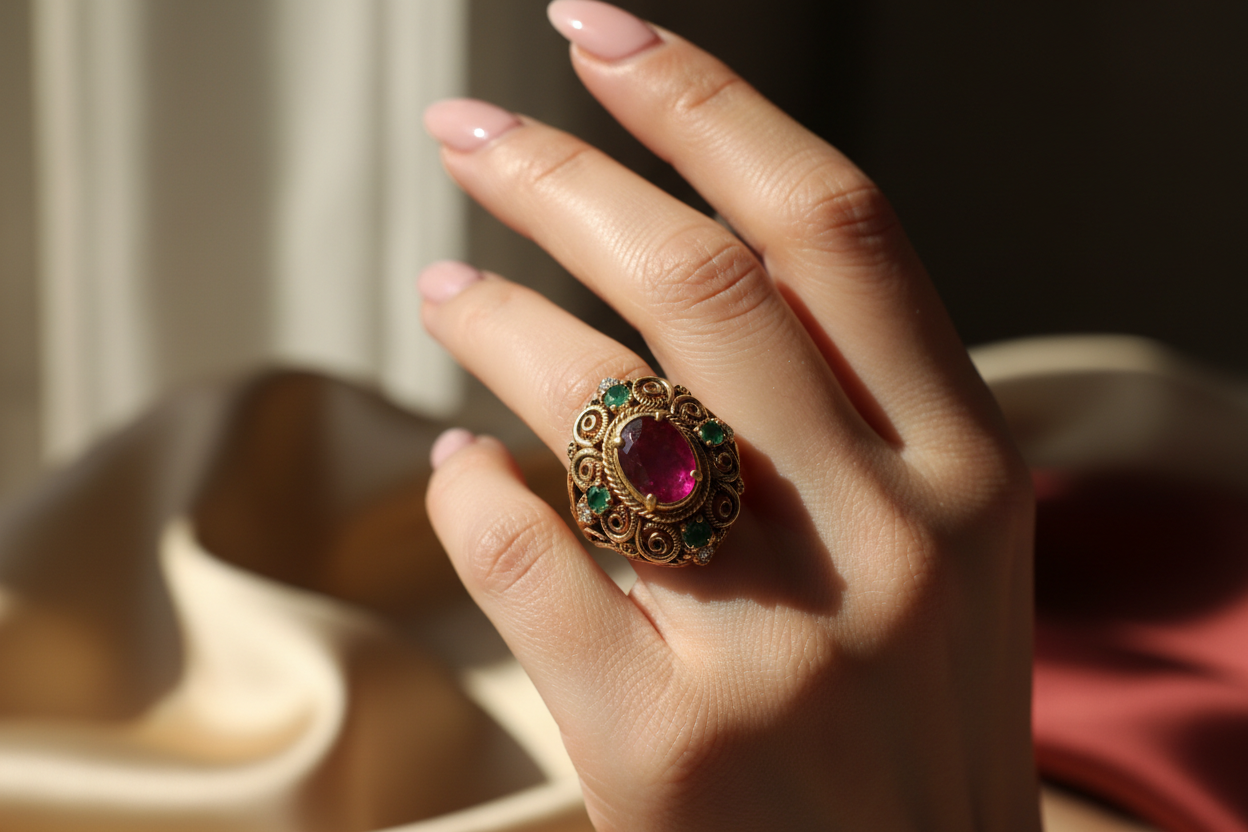women showing traditional ring in her finger
